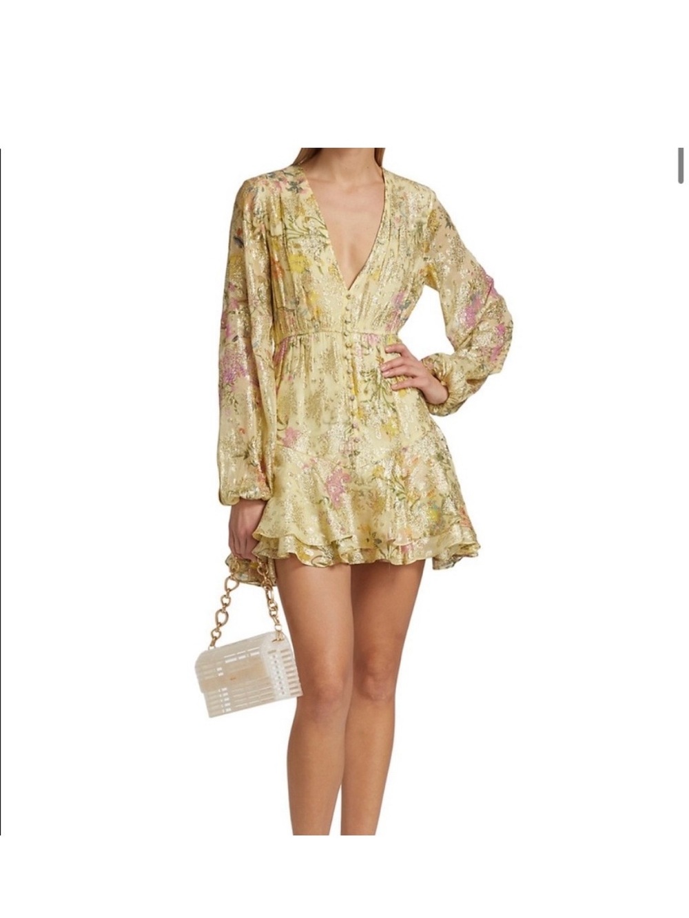 HEMANT & NANDITA Gold Floral V-Neck Ruffle Mini Dress
